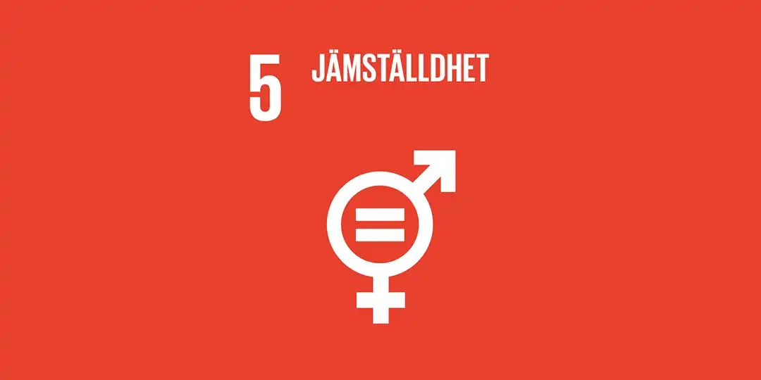 Sustainability at SKYDD: Sustainable Development Goal 5 – Gender equality, shown with a white gender equality symbol on a red background.