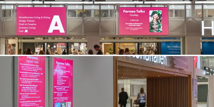 Large LED screens and vertical digital poster displays in the entrance areas at Stockholmsmässan, positioned near Hall A, Hall B and Victoria Hall.<br />