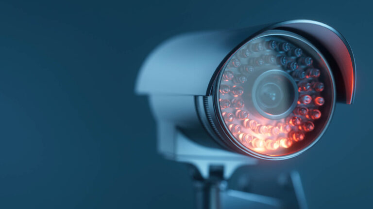 Nyheter: Övervakningskamera med infraröda LED-lampor i närbild mot mörk bakgrund.